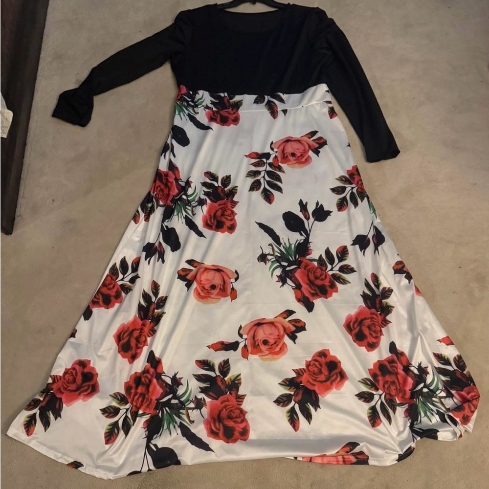 SHEIN Black and White Dress with Red Floral Design